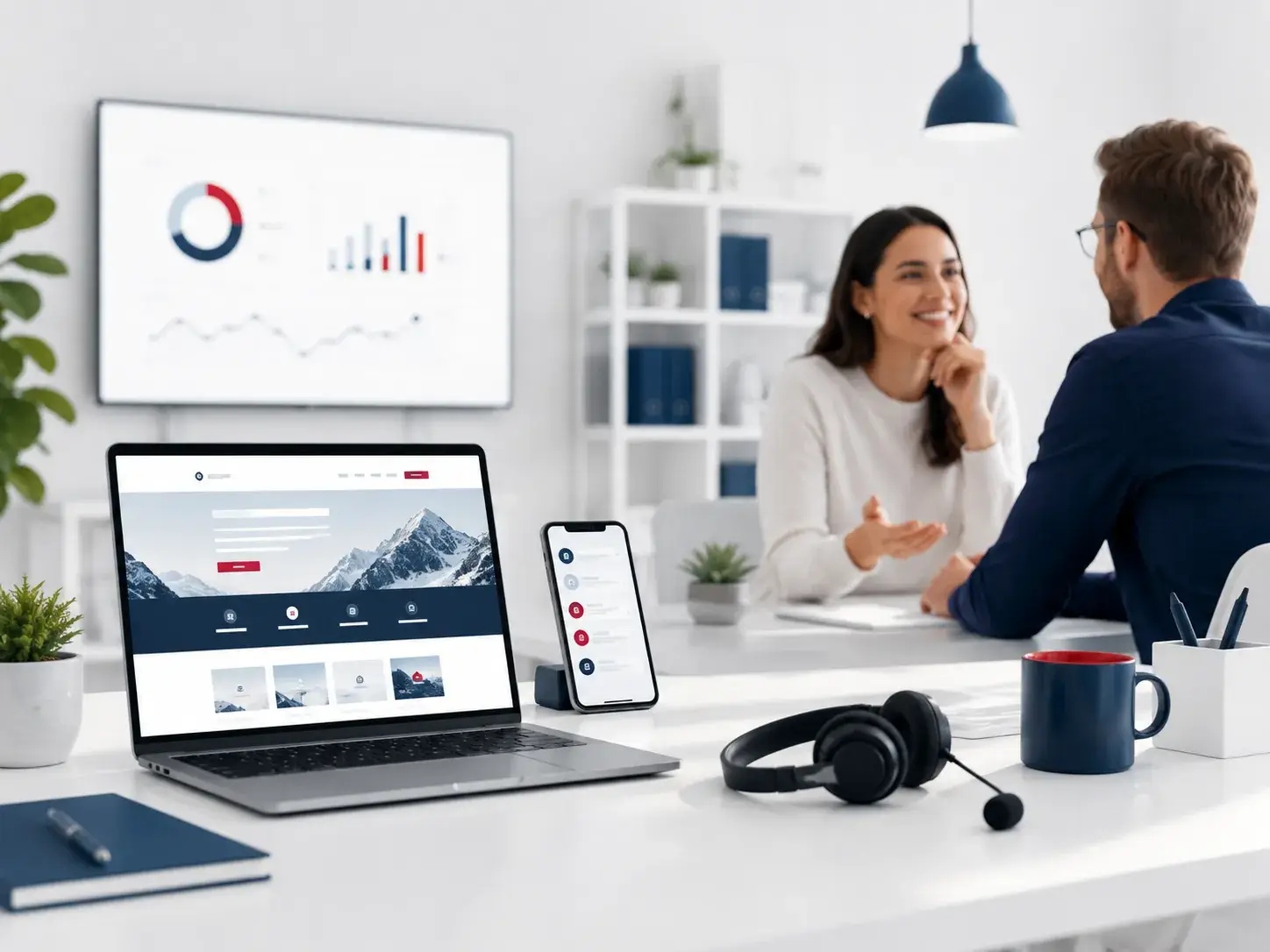 Professioneel adviesgesprek over webdesign en online marketing in een moderne kantooromgeving