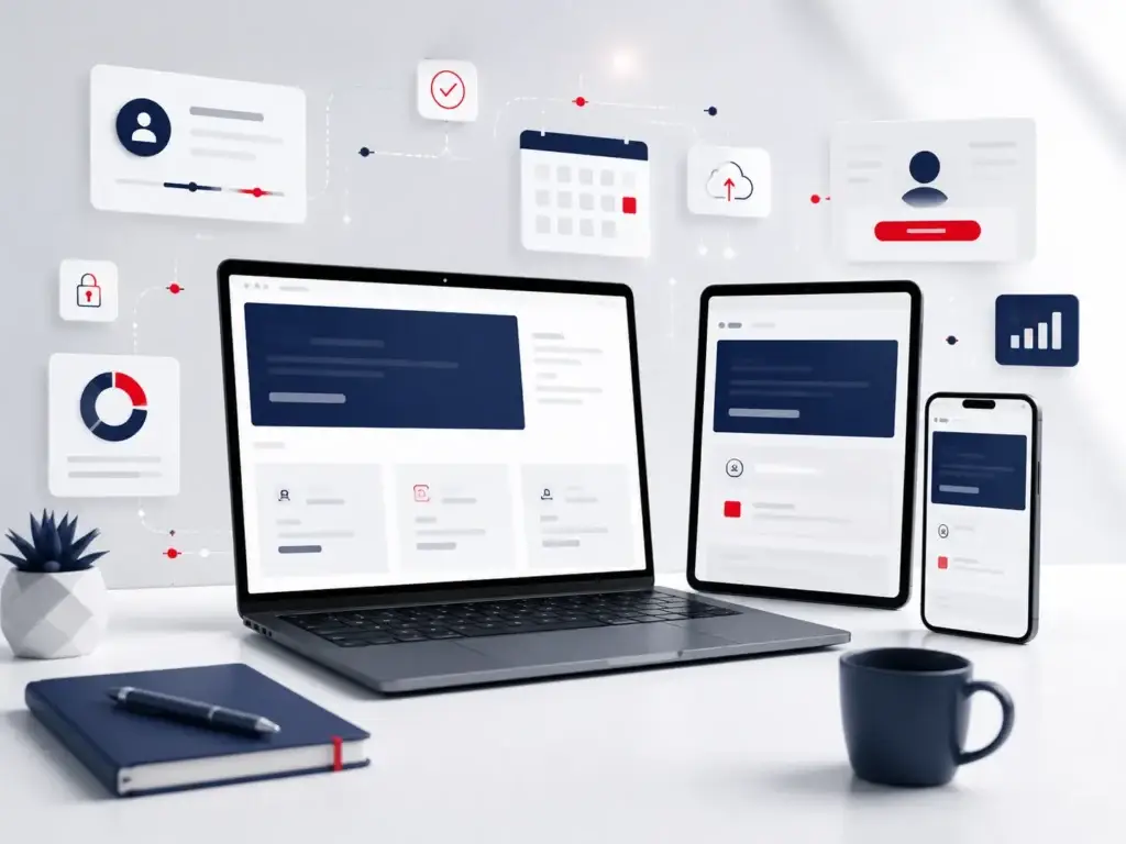 Moderne laptop, tablet en smartphone met registratie-interface en dashboard voor webdesign en online marketing
