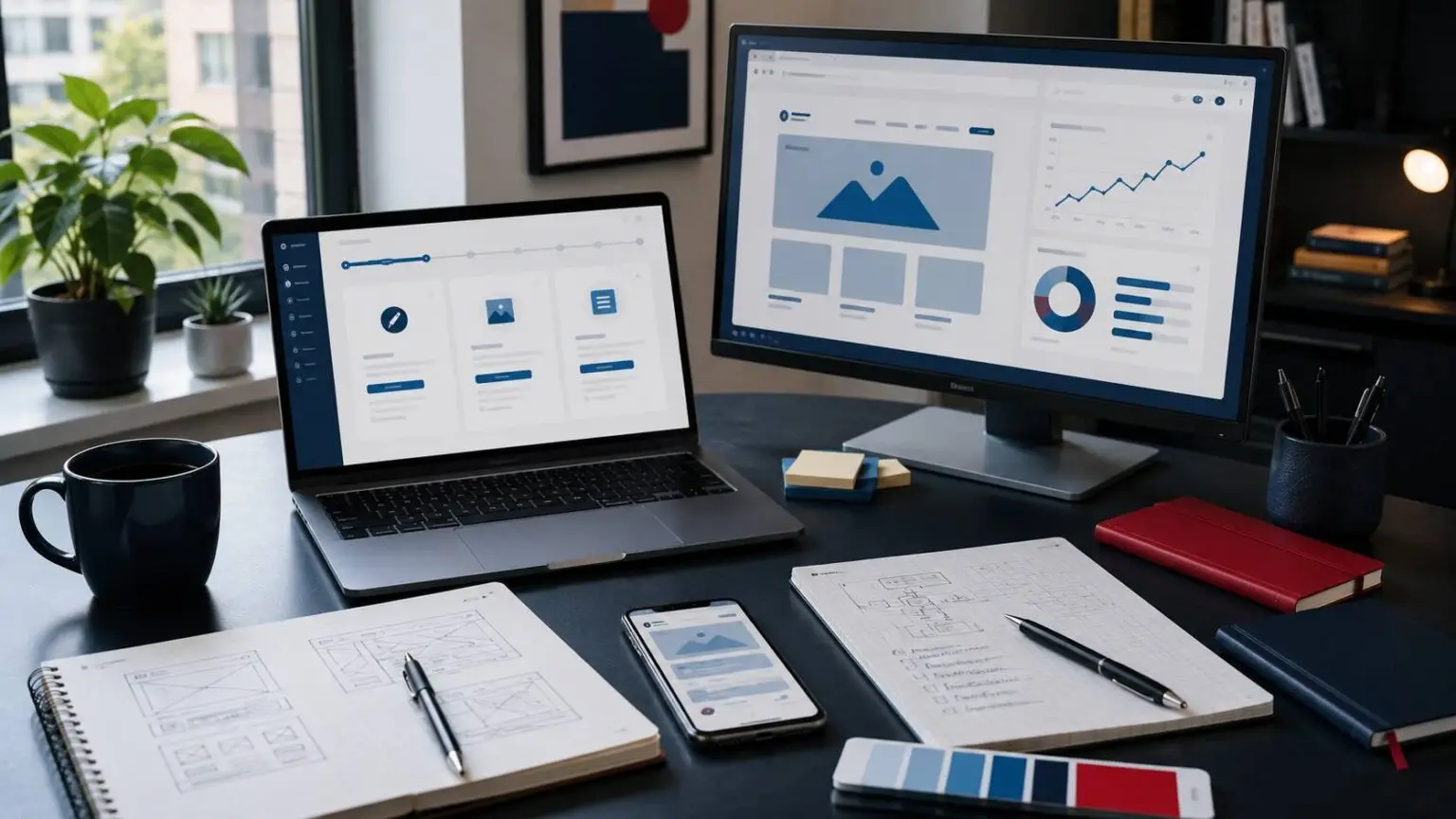Moderne werkplek met laptop, websitewireframes, smartphone en marketingnotities voor het schrijven over webdesign, SEO en online groei.