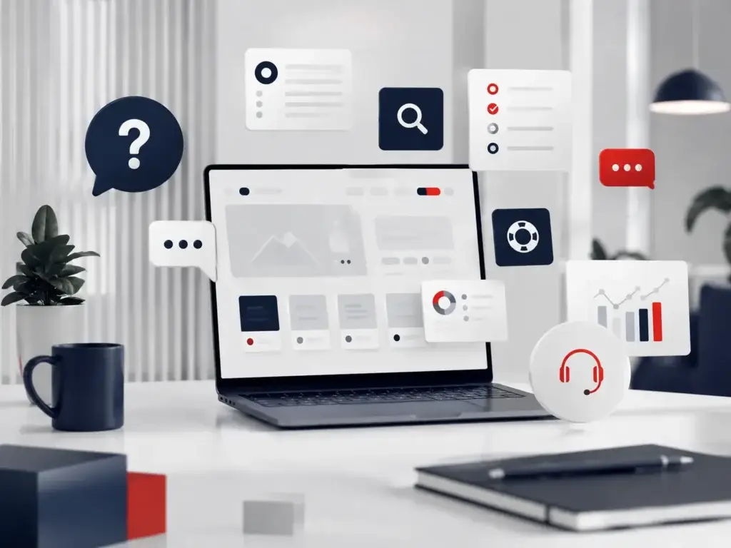 Moderne laptop met FAQ, supporticonen en online marketingdashboard voor webdesign ondersteuning