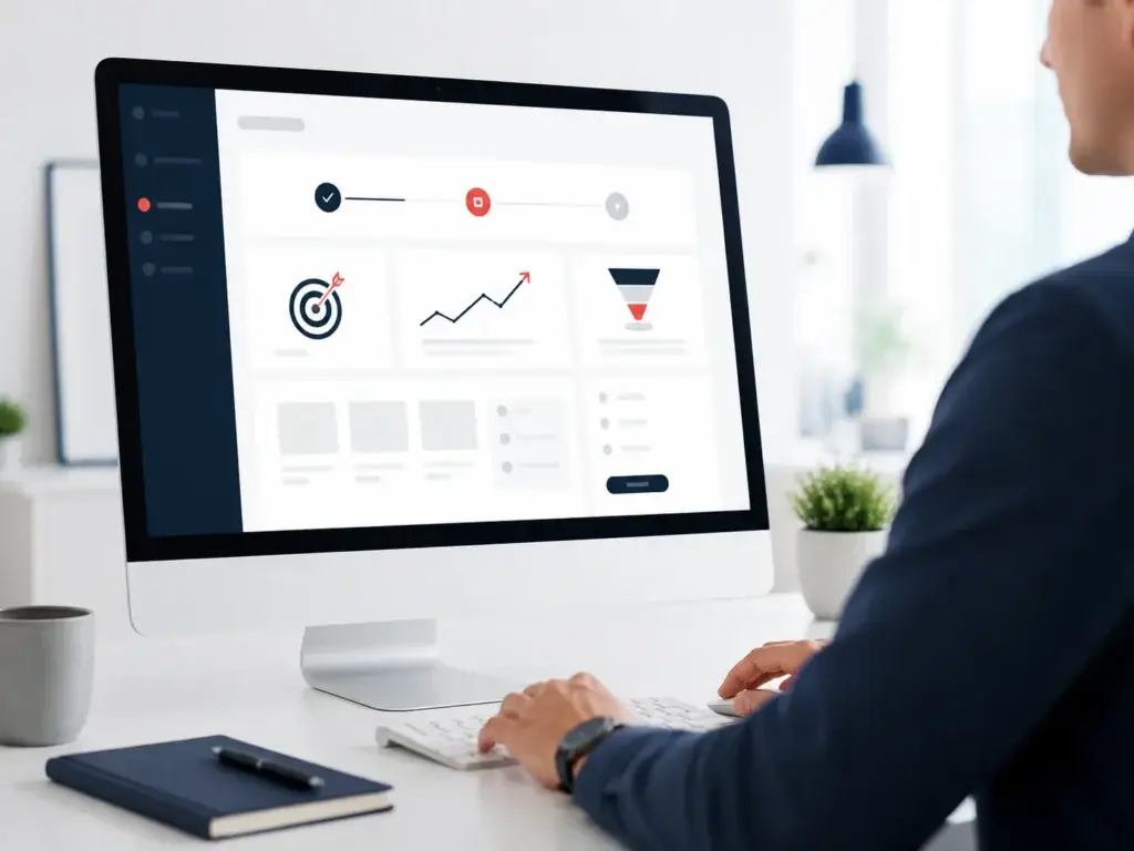 Moderne werkplek met scherm waarop een overzichtelijk aanmeldproces voor webdesign en online marketing te zien is