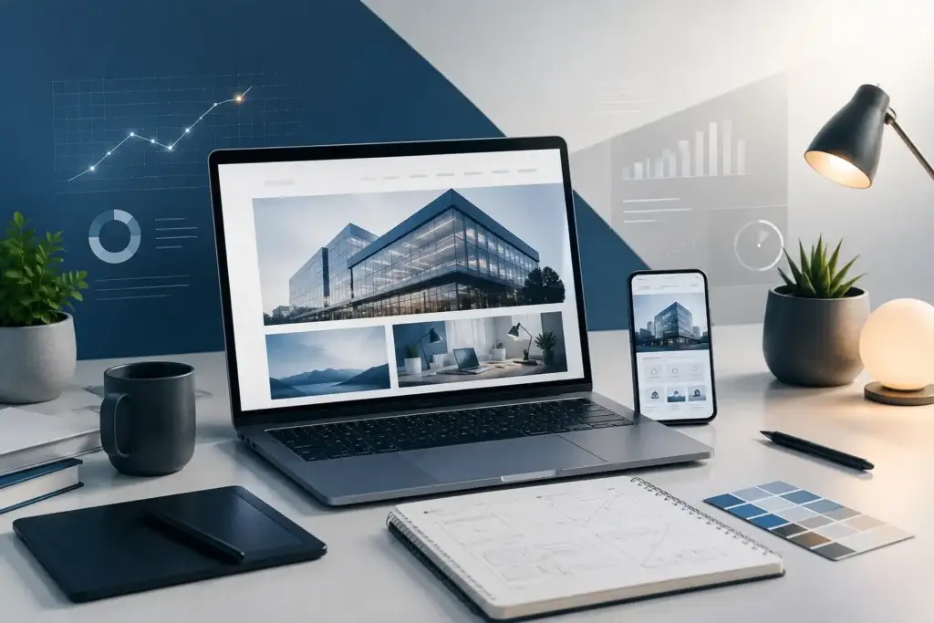 Moderne werkplek met laptop en smartphone voor responsive webdesign en online marketing