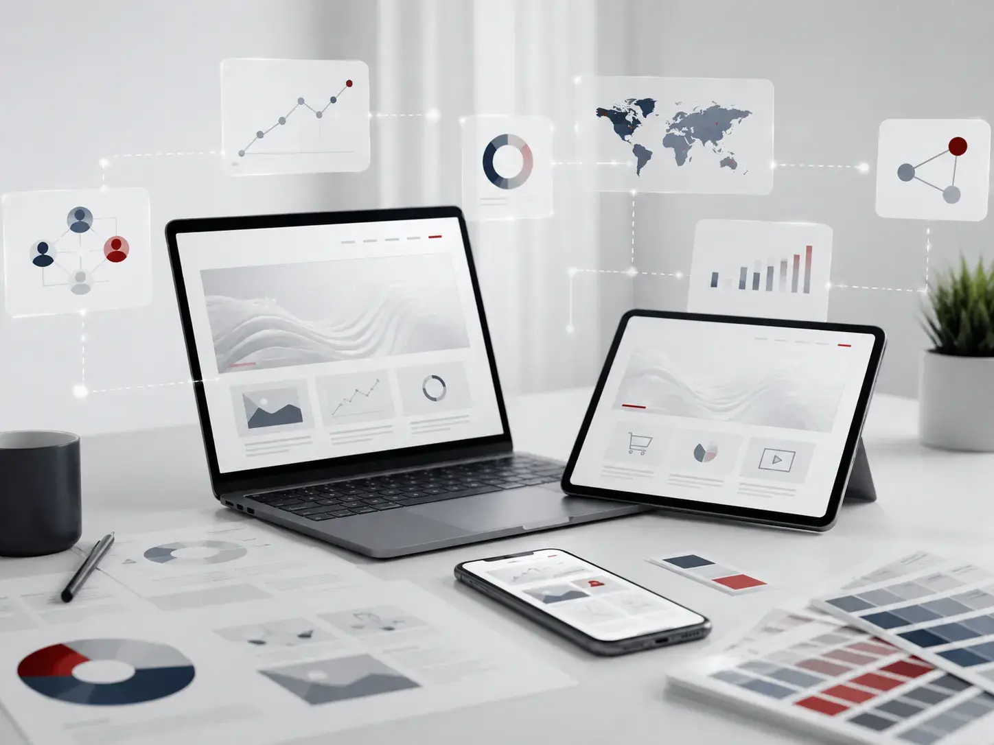 Moderne werkplek met laptop, tablet en smartphone voor responsive webdesign en online marketinganalyse