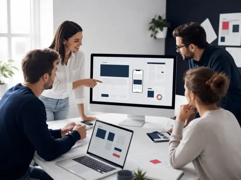 Webdesignteam bespreekt een responsieve website en online marketingstrategie op een groot scherm
