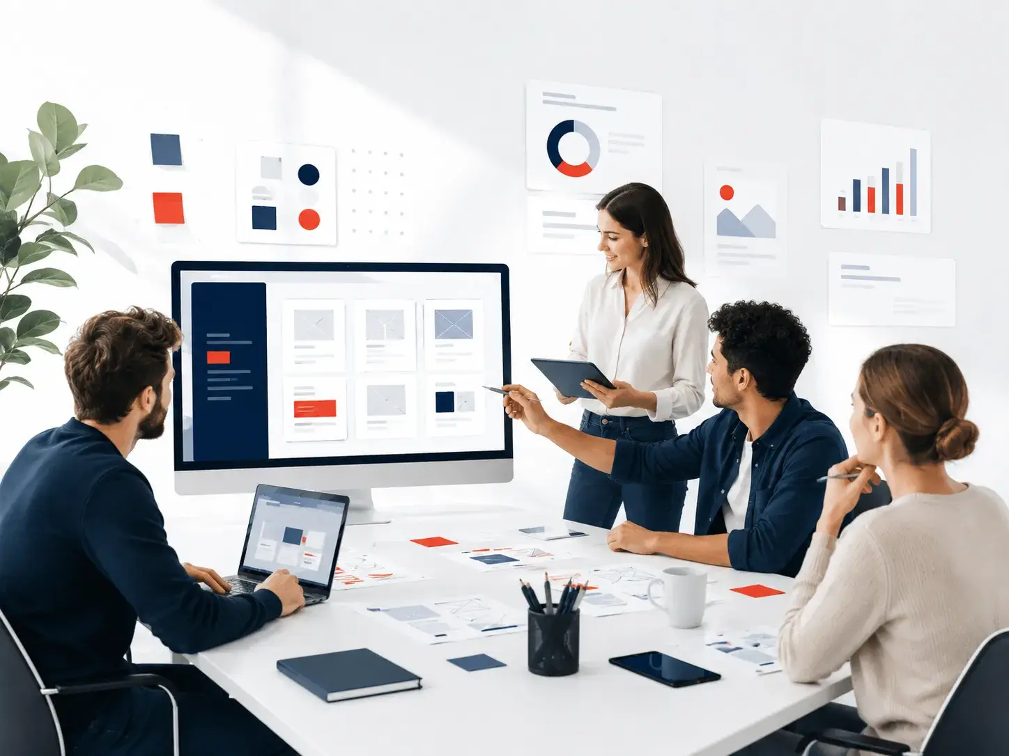 Creatief team bespreekt webdesign, registratie en online marketingstrategie in een moderne vergaderruimte