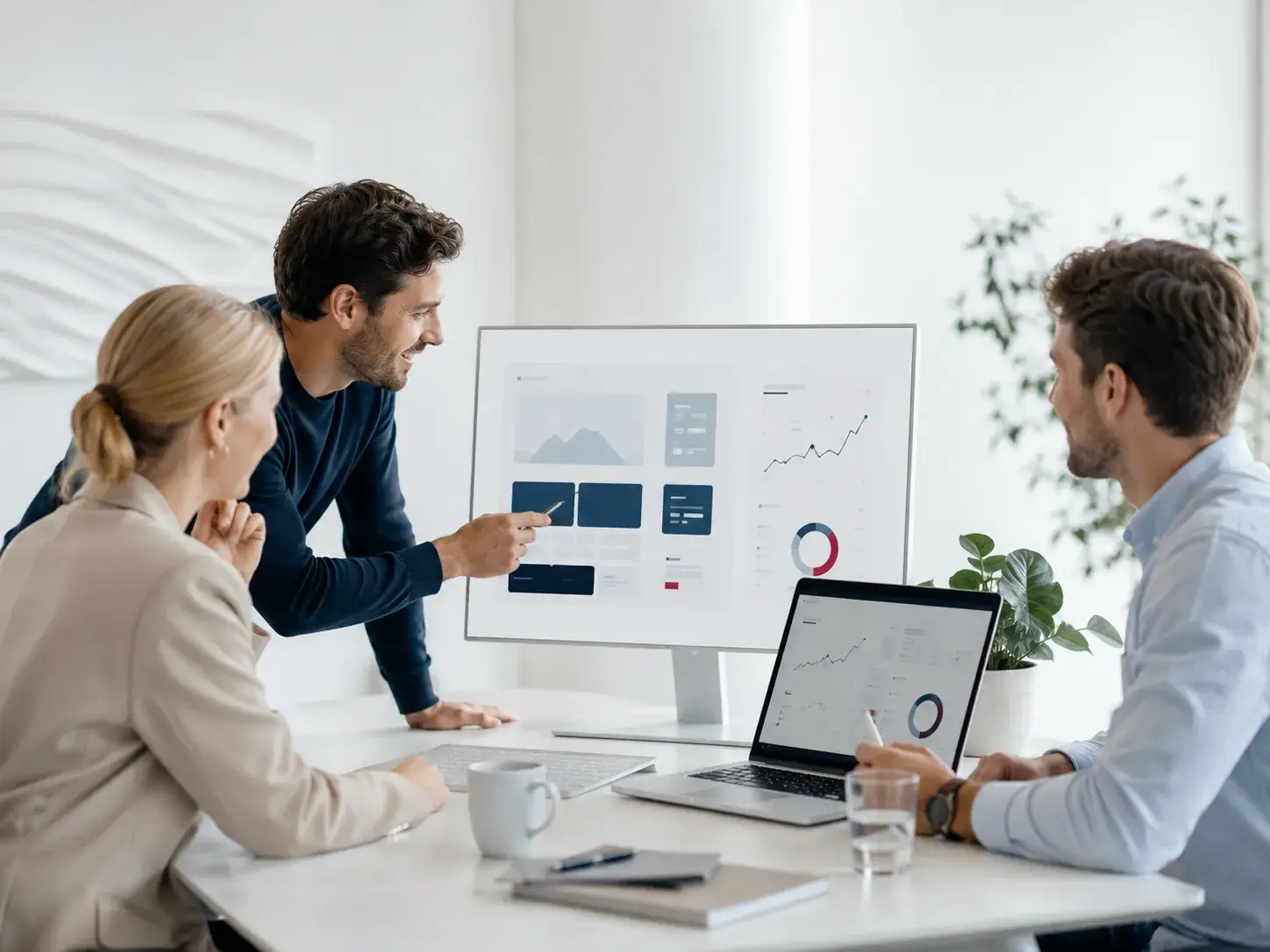 Teamoverleg over webdesign, online marketing en groeistrategie met dashboards op schermen