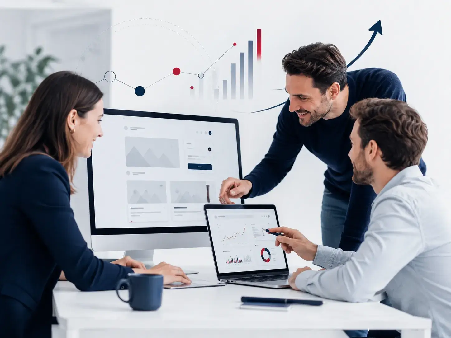 Drie professionals bespreken webdesign, data-analyse en online marketing in een moderne kantoorruimte