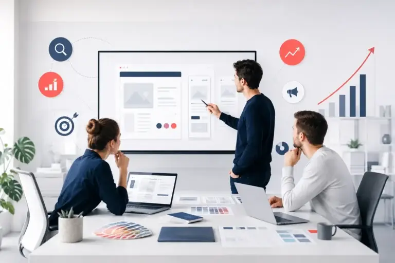 Creatief team bespreekt webdesign, gebruikerservaring en digitale marketingstrategie